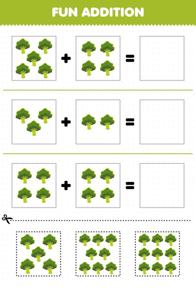 utbildningsspel för barn roligt tillägg genom att klippa och matcha kalkylblad för tecknade grönsaksbroccolibilder vektor