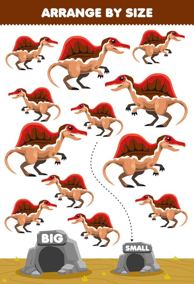 Bildungsspiel für Kinder Ordnen Sie nach Größe groß oder klein. Bewegen Sie es in der Höhle niedliche Cartoon prähistorische Dinosaurier Spinosaurus Bilder vektor