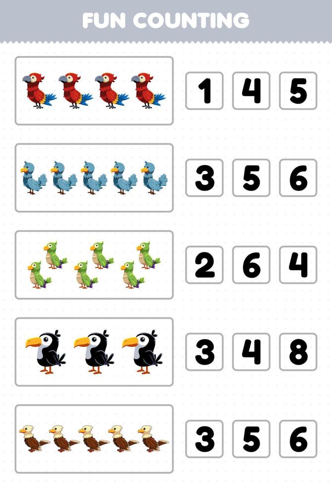 Bildungsspiel für Kinder Spaß beim Zählen und Auswählen der richtigen Anzahl von niedlichen Cartoon-Vogel-Tier-Papagei-Taube-Sittich-Tukan-Adler-Druckbares-Arbeitsblatt vektor