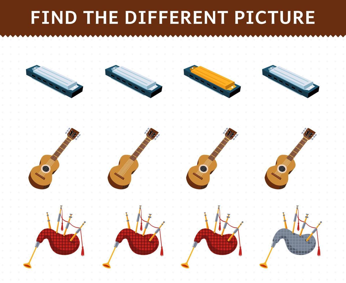 utbildning spel för barn hitta olika bild i varje rad av tecknade musikinstrument munspel gitarr säckpipor utskrivbart arbetsblad vektor