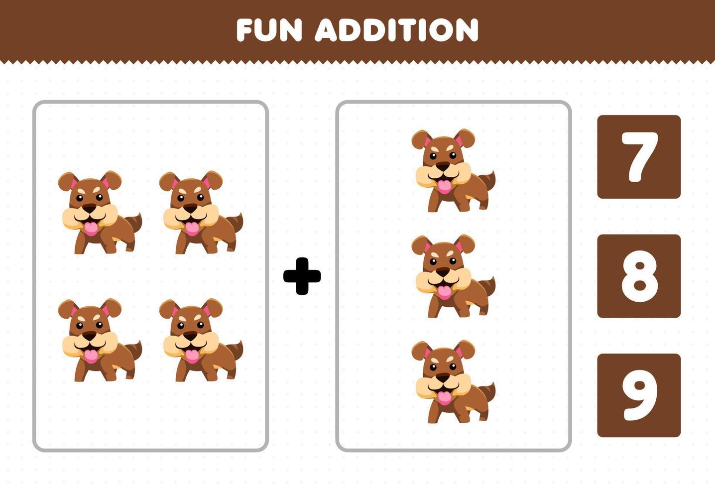 utbildningsspel för barn roligt tillägg av antal och välj det korrekta svaret på söta tecknade sällskapsdjur brun hund utskrivbara kalkylblad vektor