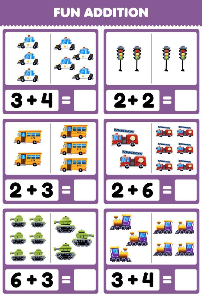 utbildning spel för barn roligt tillägg genom att räkna och summera söt tecknad transport polisbil buss brandbil tank tåg lok bilder arbetsblad vektor