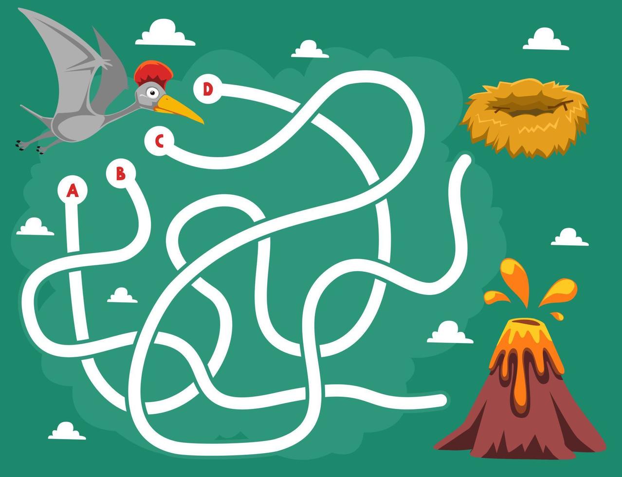 Labyrinth-Puzzle-Spiel für Kinder mit niedlichem Cartoon-fliegendem prähistorischem Dinosaurier-Vulkan und Nest vektor