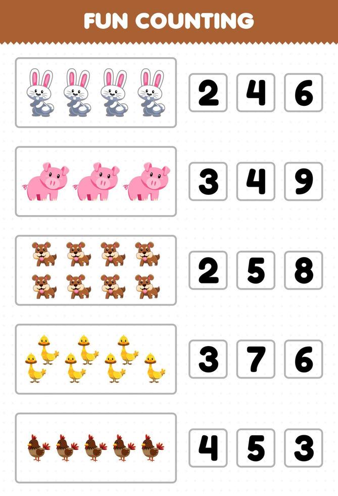 utbildningsspel för barn roligt att räkna och välja rätt antal söta tecknade husdjur kanin gris hund anka kyckling utskrivbart arbetsblad vektor