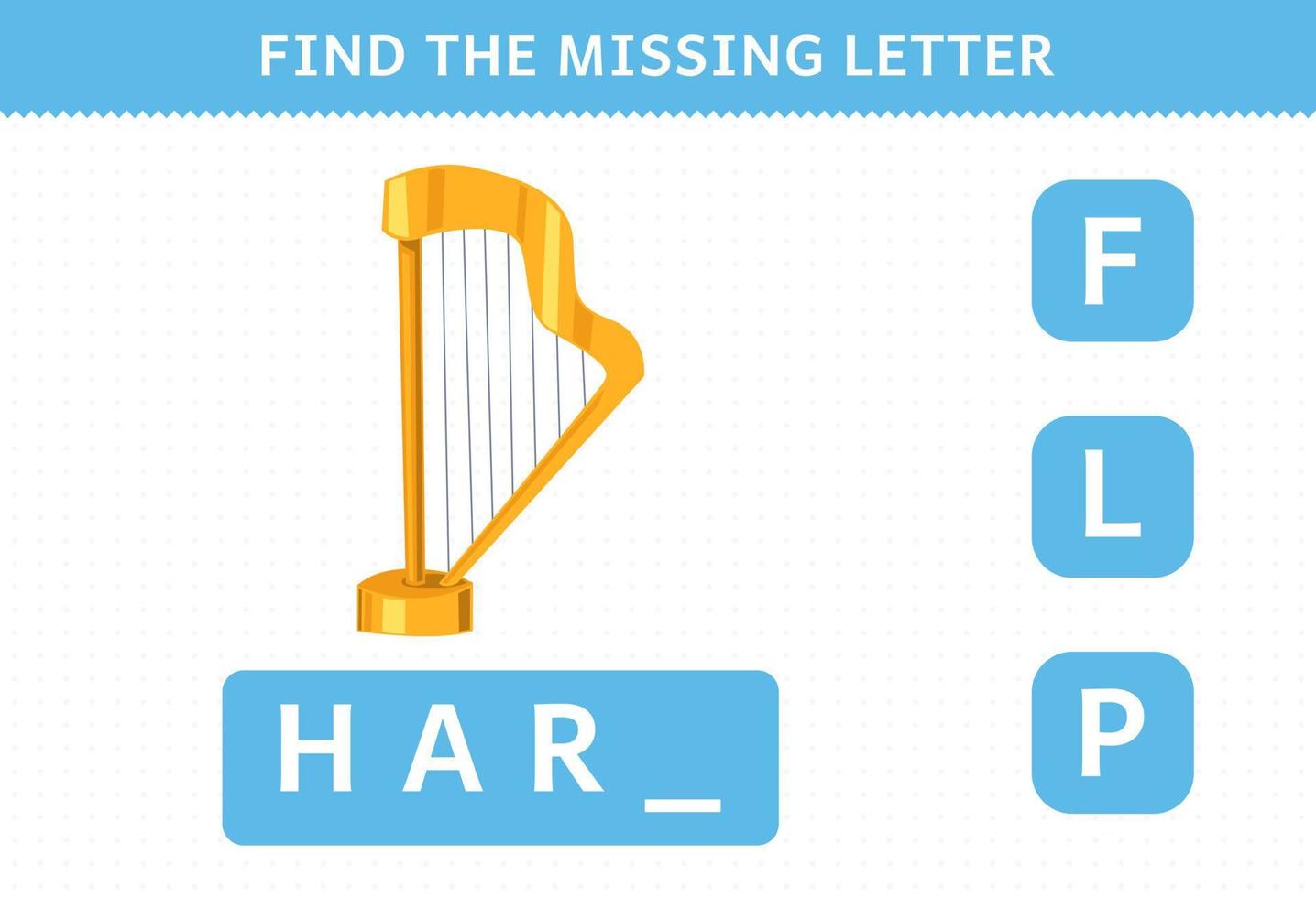 bildungsspiel für kinder finden fehlenden buchstaben cartoon musikinstrument harfe arbeitsblatt vektor