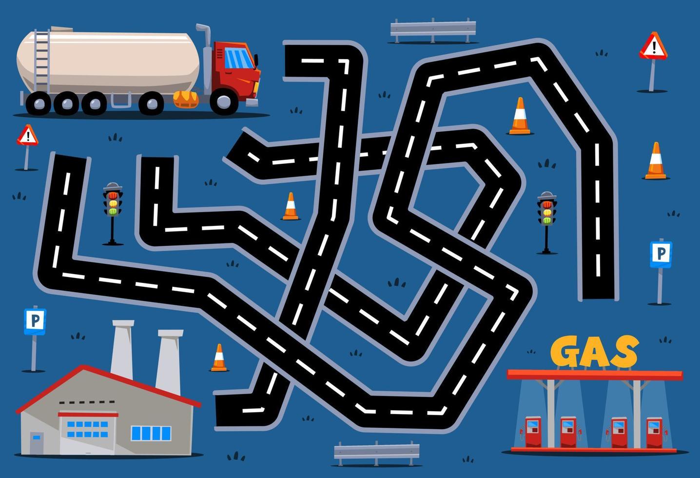 labyrintpusselspel för barn hjälper tecknad transportbil att hitta rätt väg till fabriken eller bensinstationen vektor