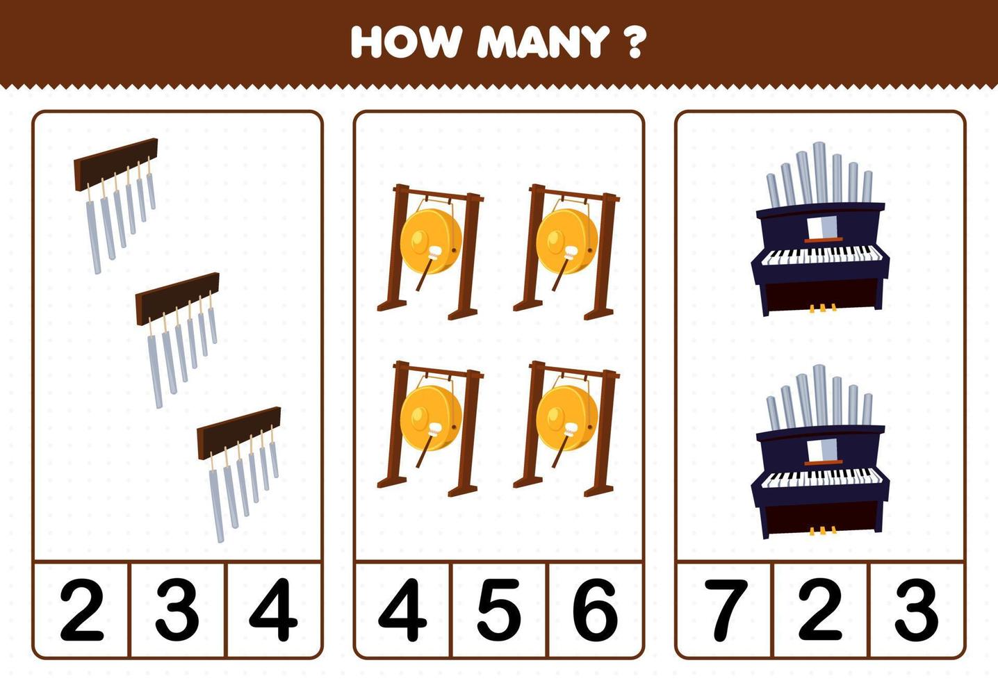 utbildningsspel för barn att räkna hur många tecknade musikinstrument klockspel gongorgel utskrivbart kalkylblad vektor