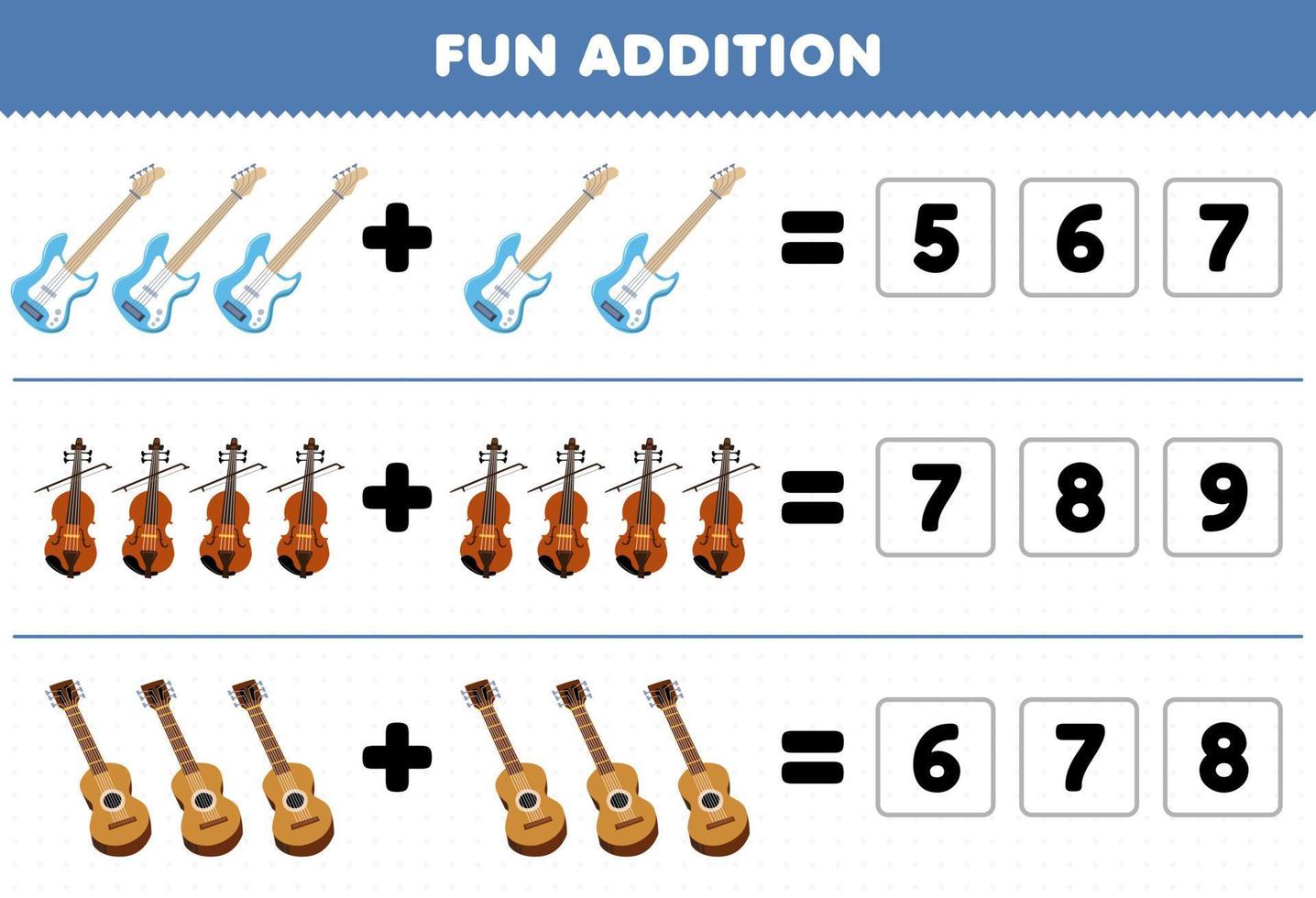 Lernspiel für Kinder Spaß Addition durch Erraten der richtigen Anzahl von Cartoon-Musikinstrumenten Bassgeige Gitarre Druckbares Arbeitsblatt vektor