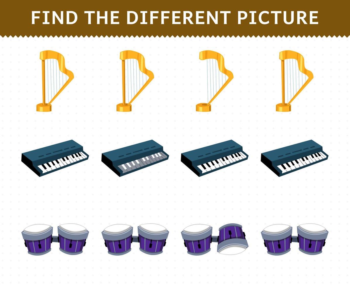 Lernspiel für Kinder Finden Sie das unterschiedliche Bild in jeder Reihe des druckbaren Arbeitsblatts für Cartoon-Musikinstrumente, Harfe, Tastatur, Bongo vektor