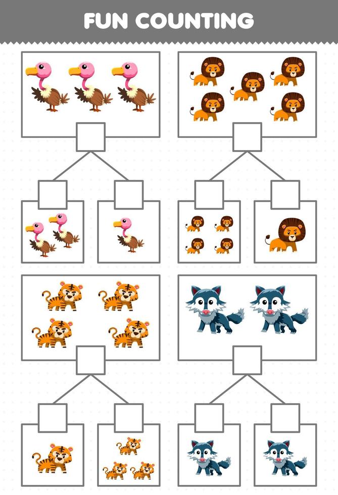 Lernspiel für Kinder Spaß beim Zählen von Bildern in jeder Schachtel mit niedlichem Cartoon-Fleischfresser-Tier Geier Löwe Tiger Wolf druckbares Arbeitsblatt vektor