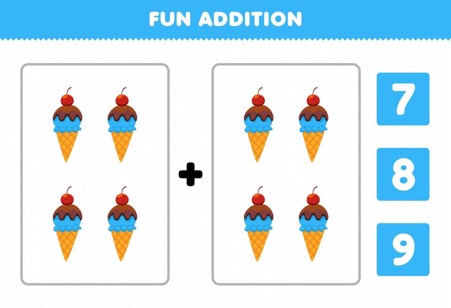 Lernspiel für Kinder Spaß Addition durch Zählen und wählen Sie die richtige Antwort des druckbaren Arbeitsblatts Cartoon Food Ice Cream vektor