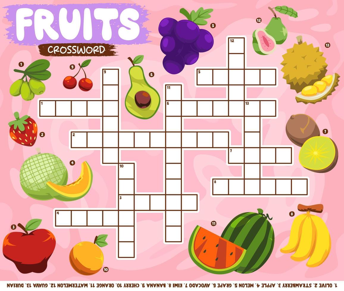 Bildungsspiel-Kreuzworträtsel zum Lernen englischer Wörter mit druckbarem Arbeitsblatt zum Ausdrucken von Cartoon-Früchten vektor