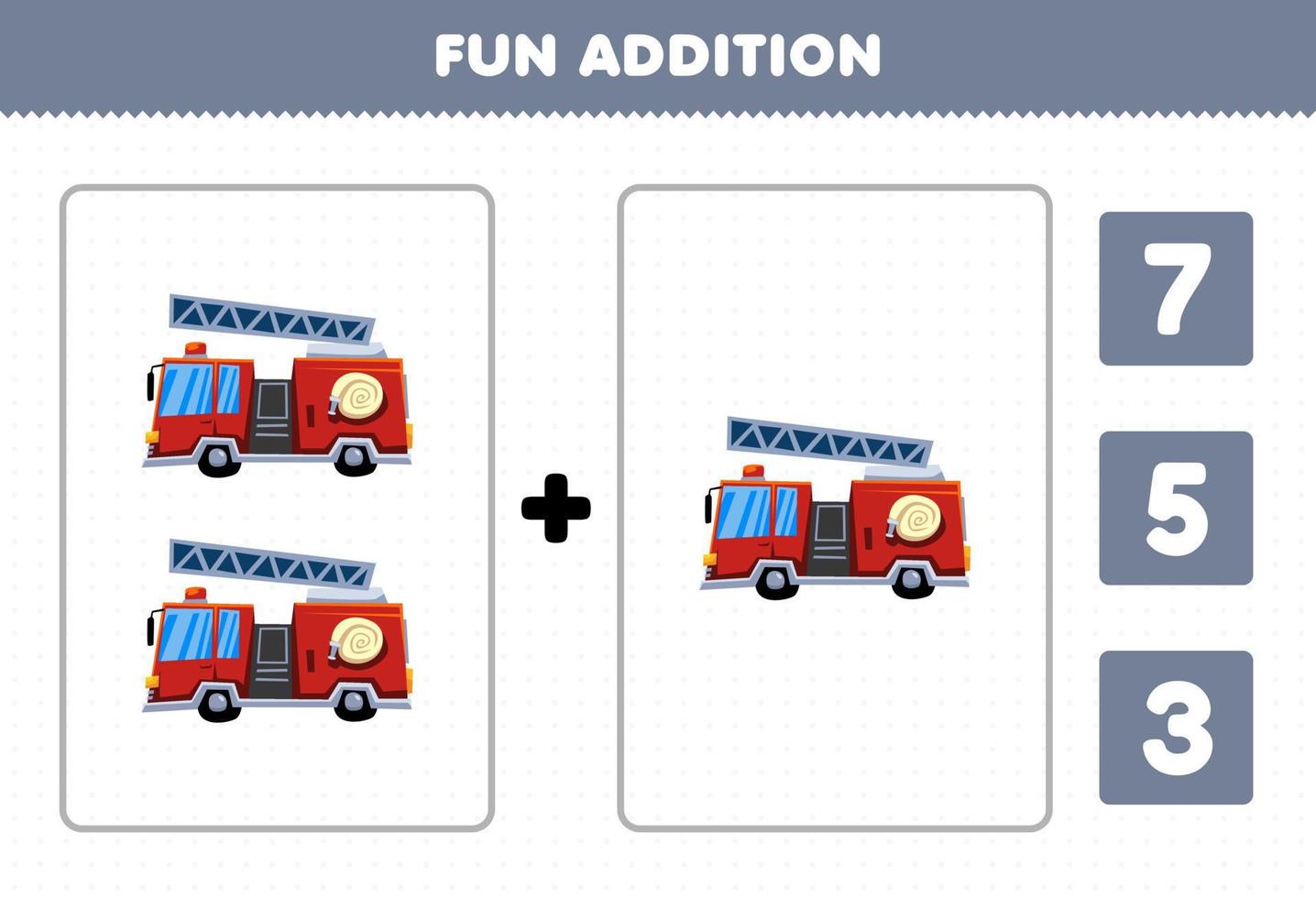 Lernspiel für Kinder Spaß Addition durch Zählen und wählen Sie die richtige Antwort des druckbaren Arbeitsblatts für Cartoon-Rettungstransport-Feuerwehrautos vektor