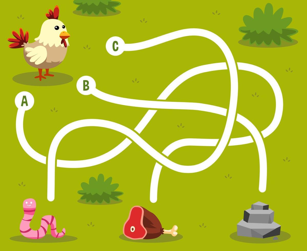 Labyrinth-Puzzle-Spiel für Kinder mit niedlichem Cartoon-Tier-Huhn, das nach dem richtigen Futterwurm-Rindfleisch oder Stein-Arbeitsblatt zum Ausdrucken sucht vektor