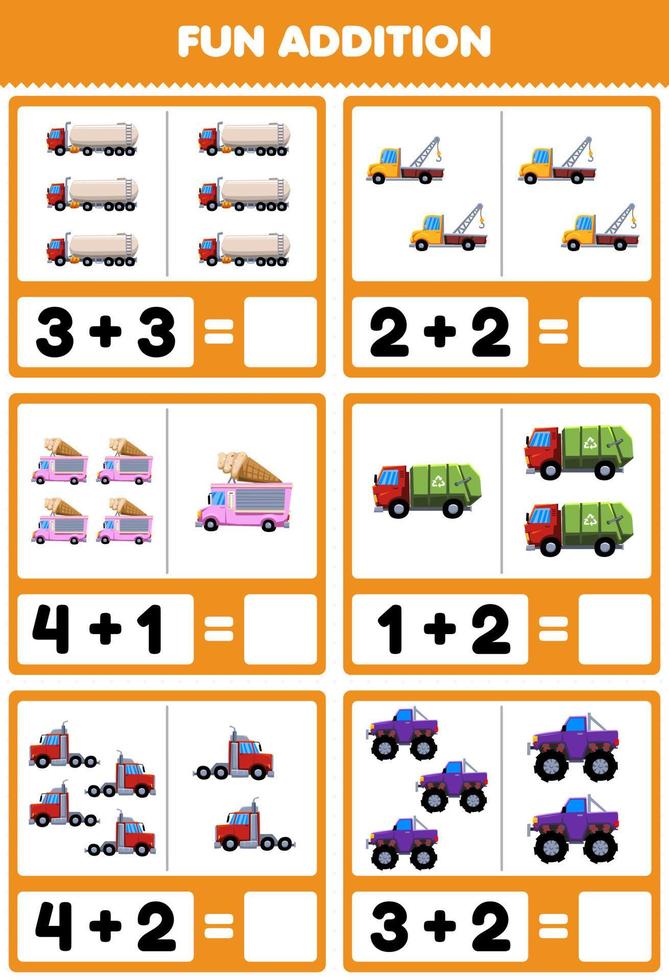 utbildning spel för barn roligt tillägg genom att räkna och summera söt tecknad lastbil transport bilder kalkylblad vektor