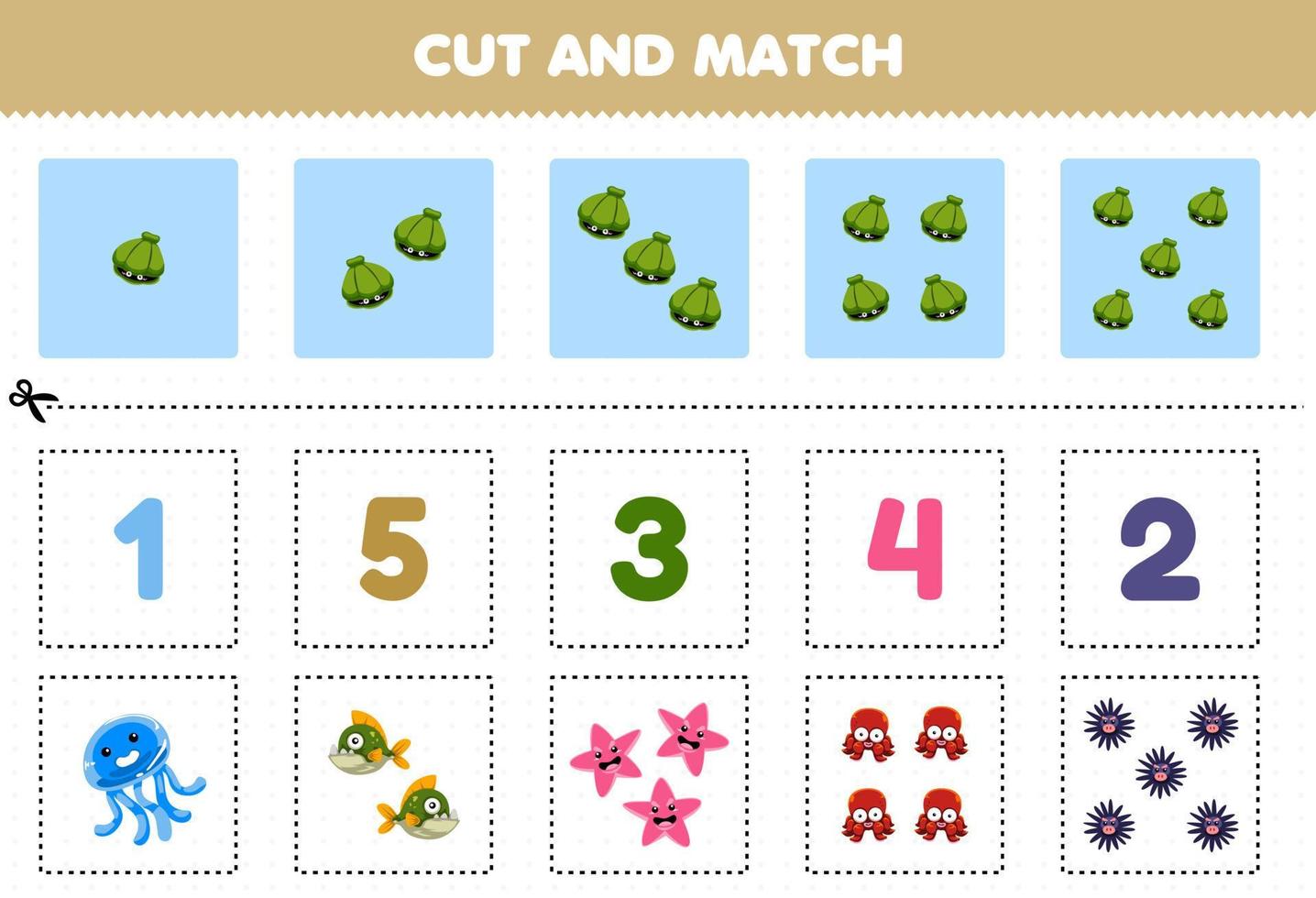 utbildningsspel för barn klipp och matcha samma antal söta tecknade undervattensdjur utskrivbara kalkylblad vektor