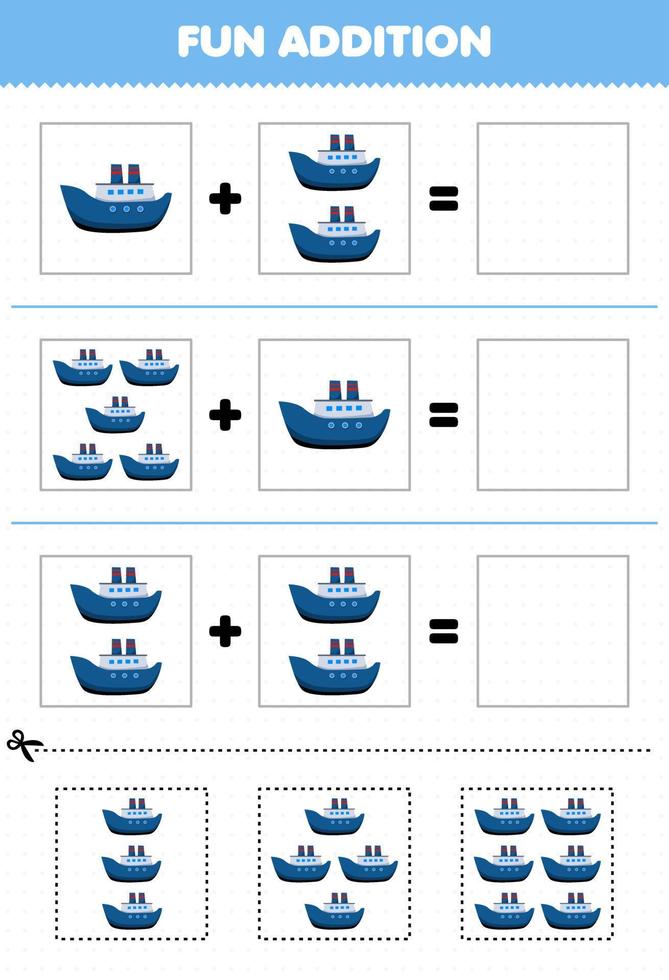 bildungsspiel für kinder spaß zusätzlich durch cut and match niedlichen cartoon transport fähre schiff bilder arbeitsblatt vektor