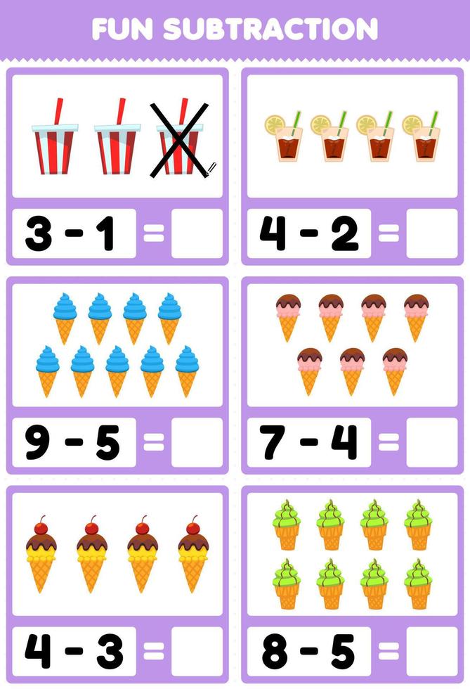 utbildningsspel för barn kul subtraktion genom att räkna och eliminera kalkylblad för tecknad drink te glass vektor