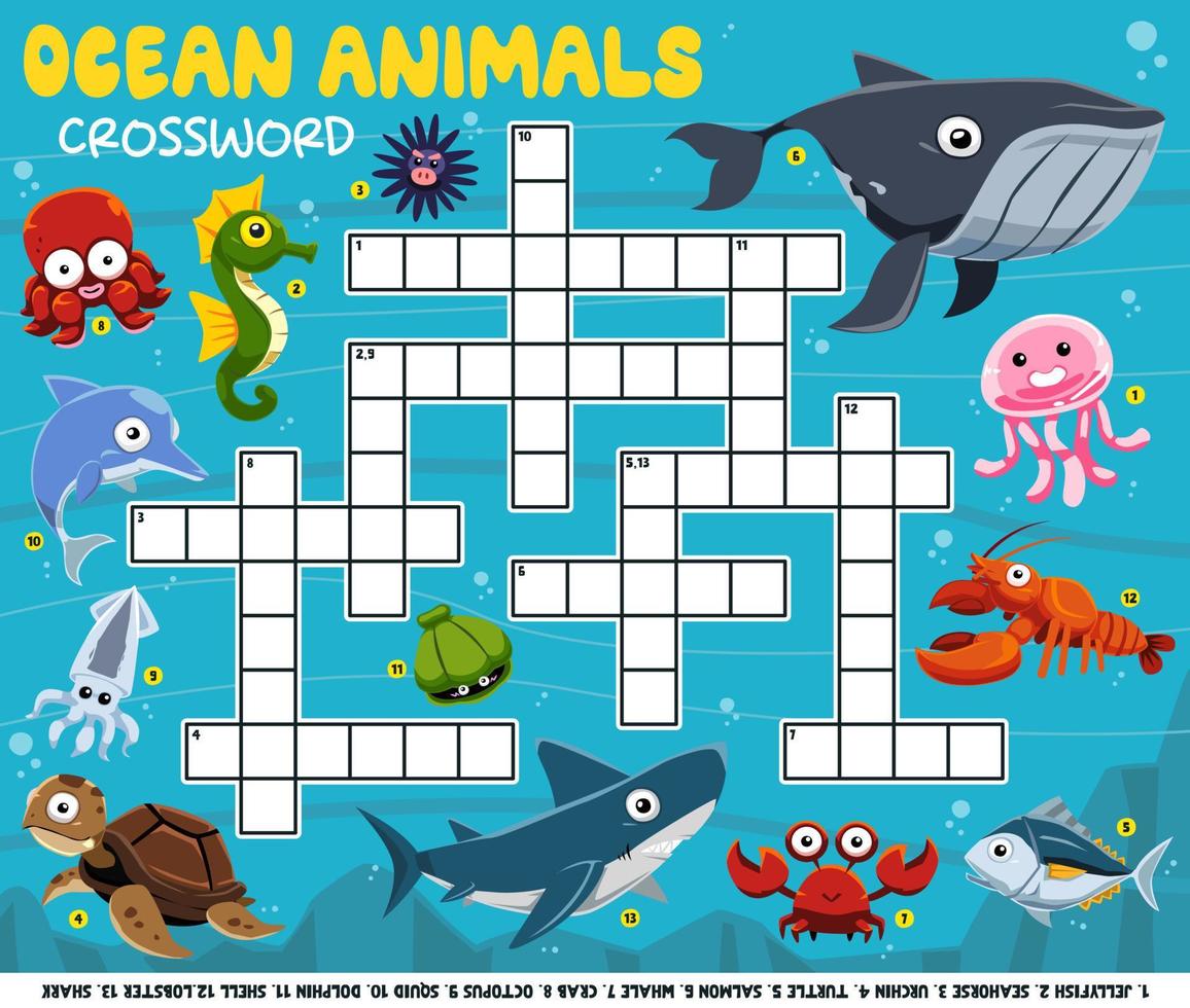 Bildungsspiel-Kreuzworträtsel zum Lernen englischer Wörter mit niedlichem Cartoon-Ozean-Tiere-Bild zum Ausdrucken Arbeitsblatt vektor