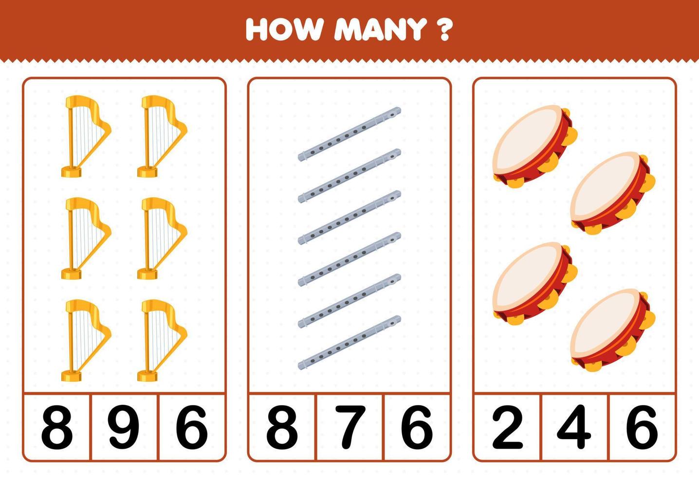 Bildungsspiel für Kinder, die zählen, wie viele Zeichentrick-Musikinstrumente Harfe Flöte Tamburin druckbares Arbeitsblatt sind vektor