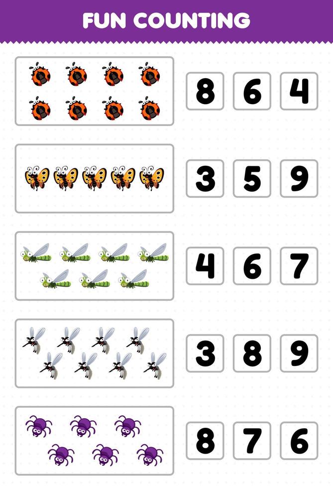 Bildungsspiel für Kinder Spaß beim Zählen und Auswählen der richtigen Anzahl von niedlichen Cartoon-Insekten-Tier-Marienkäfer-Schmetterling-Libelle-Moskito-Spinne-druckbares Arbeitsblatt vektor