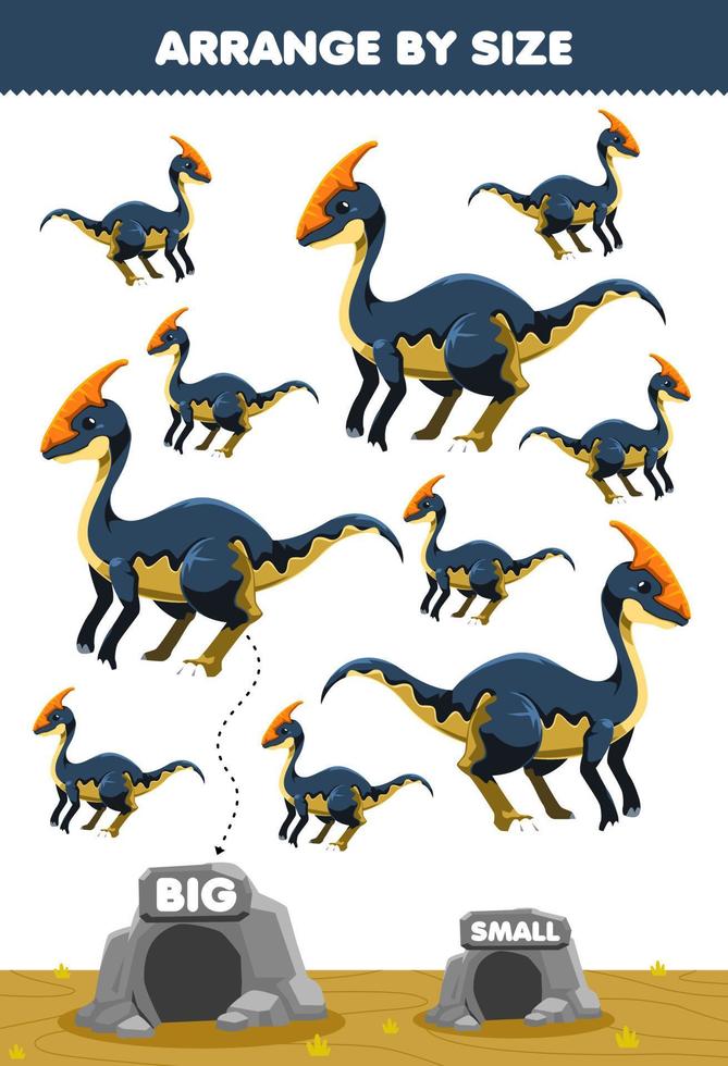 utbildningsspel för barn ordna efter storlek stor eller liten flytta den i grottan söt tecknad förhistorisk dinosaurie parasaurolophus bilder vektor