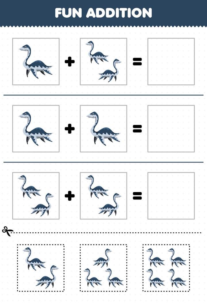 Bildungsspiel für Kinder, Spaßzusatz durch Cut and Match-Arbeitsblatt für prähistorische Dinosaurier-Plesiosaurierbilder aus niedlichen Cartoons vektor