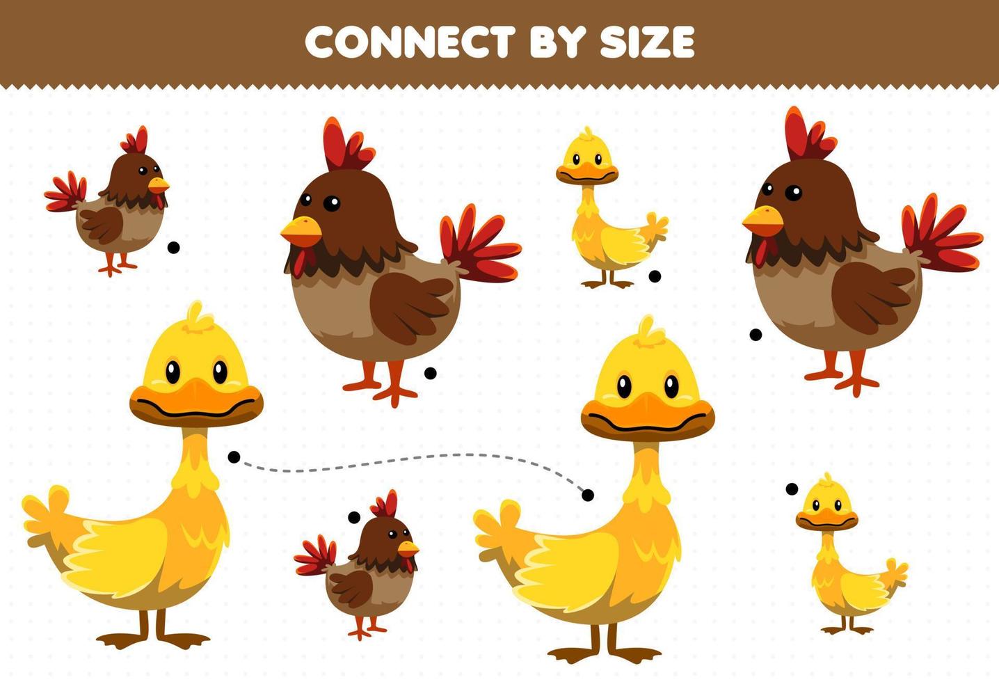 Lernspiel für Kinder verbindet sich durch die Größe des Arbeitsblatts zum Ausdrucken von niedlichen Cartoon-Tierenten und -hühnern vektor