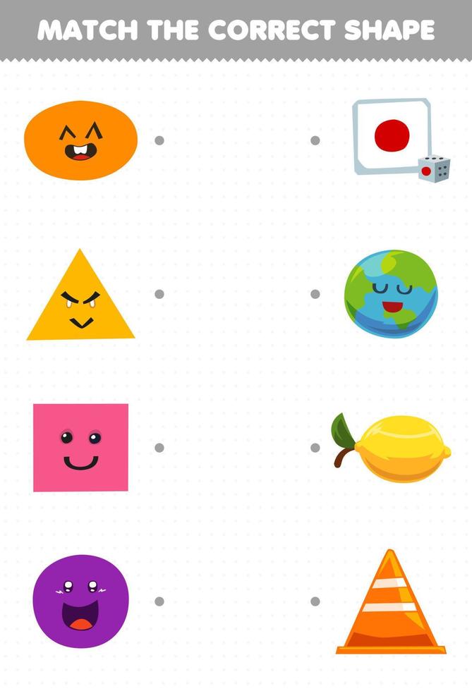 Bildungsspiel für Kinder Passen Sie die richtige Form des geometrischen Objekts an Oval Zitrone Dreieck Verkehrskegel Quadrat Würfel Kreis Planet Druckbares Arbeitsblatt vektor