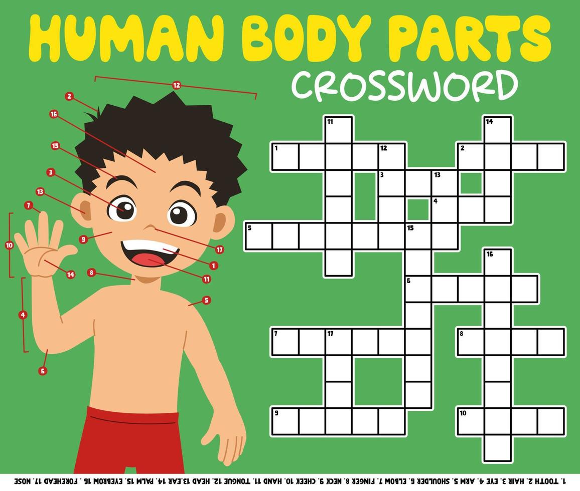 utbildning spel korsord för att lära sig engelska ord med söt tecknad pojke mänskliga kroppsdelar bild utskrivbart kalkylblad vektor