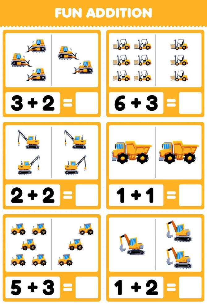 utbildning spel för barn roligt tillägg genom att räkna och summera söt tecknad tung maskin transport bulldozer gaffeltruck kran dumper traktor grävmaskin bilder arbetsblad vektor