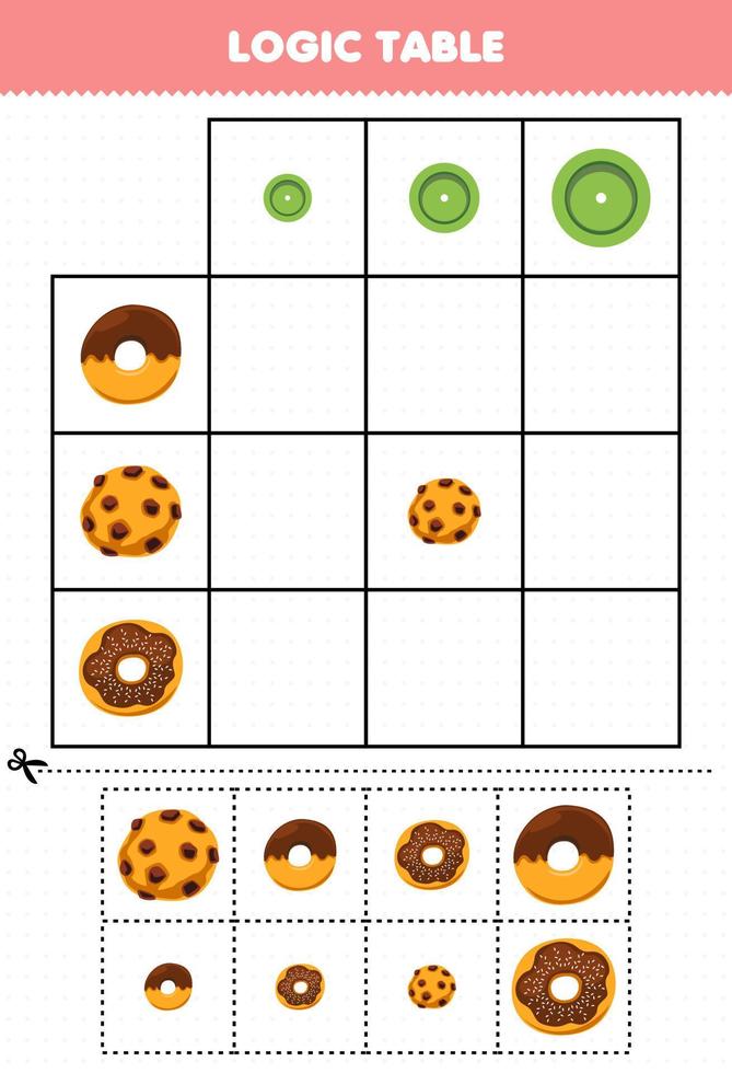 Lernspiel für Kinder Logiktabelle Sortiergröße klein, mittel oder groß von Cartoon Food Donut Cookie Bild druckbares Arbeitsblatt vektor
