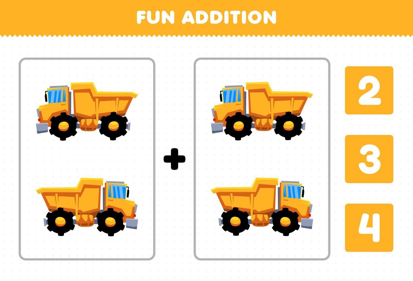 utbildningsspel för barn roligt tillägg av antal och välj rätt svar på tecknad tung maskin transport lastbil utskrivbart kalkylblad vektor