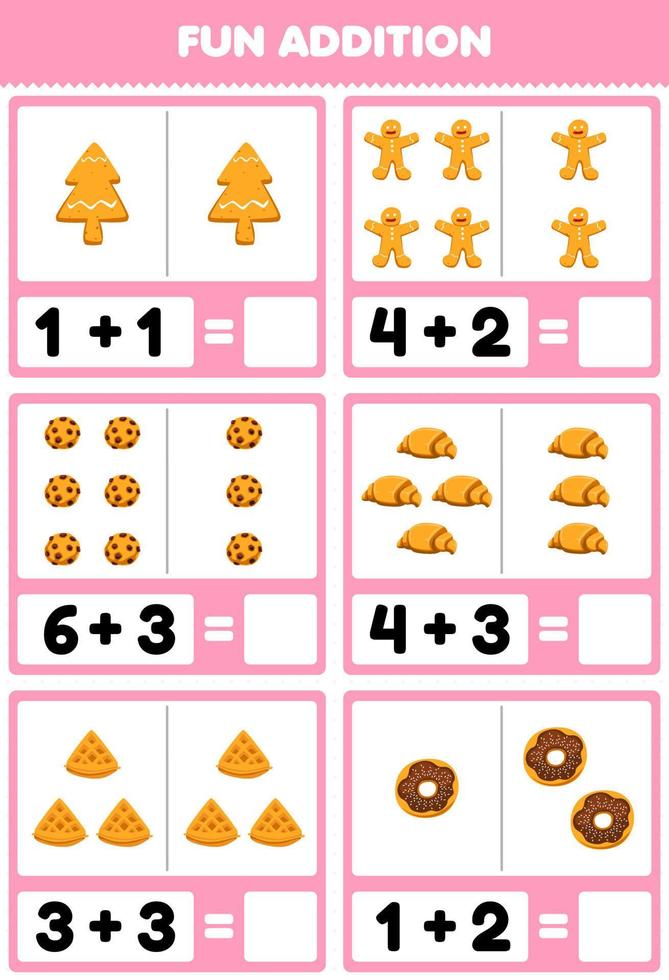 Bildungsspiel für Kinder Spaß Addition durch Zählen und Summen Cartoon Lebensmittel Keks Lebkuchen Croissant Waffel Donut Bilder Arbeitsblatt vektor