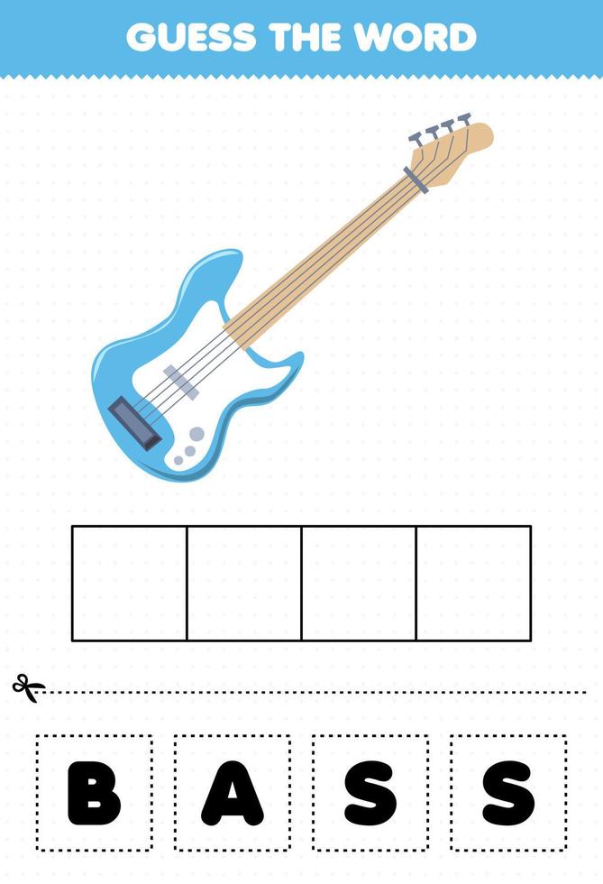bildungsspiel für kinder errate die wortbuchstaben üben von cartoon musikinstrument bass druckbares arbeitsblatt vektor