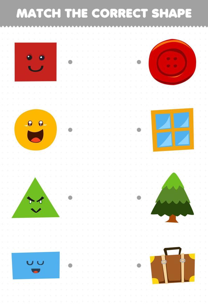 utbildningsspel för barn matcha den korrekta formen på geometriskt objekt fyrkantigt fönster cirkel knapp triangel träd rektangel resväska utskrivbart kalkylblad vektor