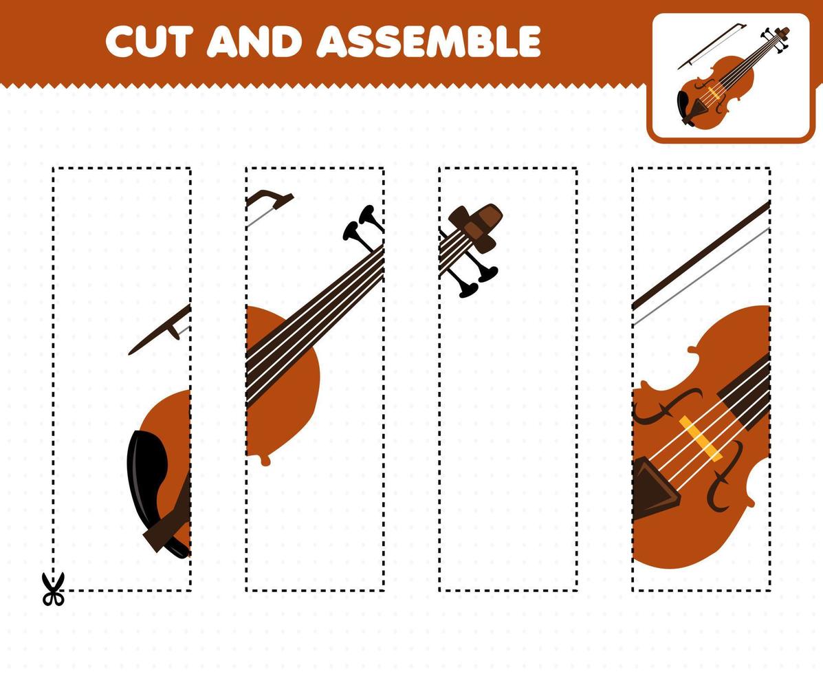 bildungsspiel für kinder schneiden üben und puzzle mit cartoon musikinstrument violine druckbares arbeitsblatt zusammenbauen vektor