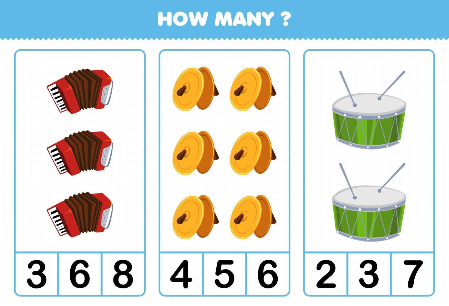 Bildungsspiel für Kinder, die zählen, wie viele Zeichentrick-Musikinstrumente Akkordeonbecken trommeln. Druckbares Arbeitsblatt vektor