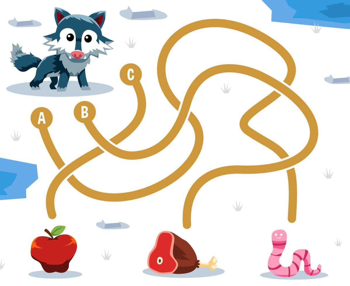 labyrintpusselspel för barn med söt tecknad djurvarg som letar efter rätt mat äppelnötköttsmask eller utskrivbart kalkylblad vektor