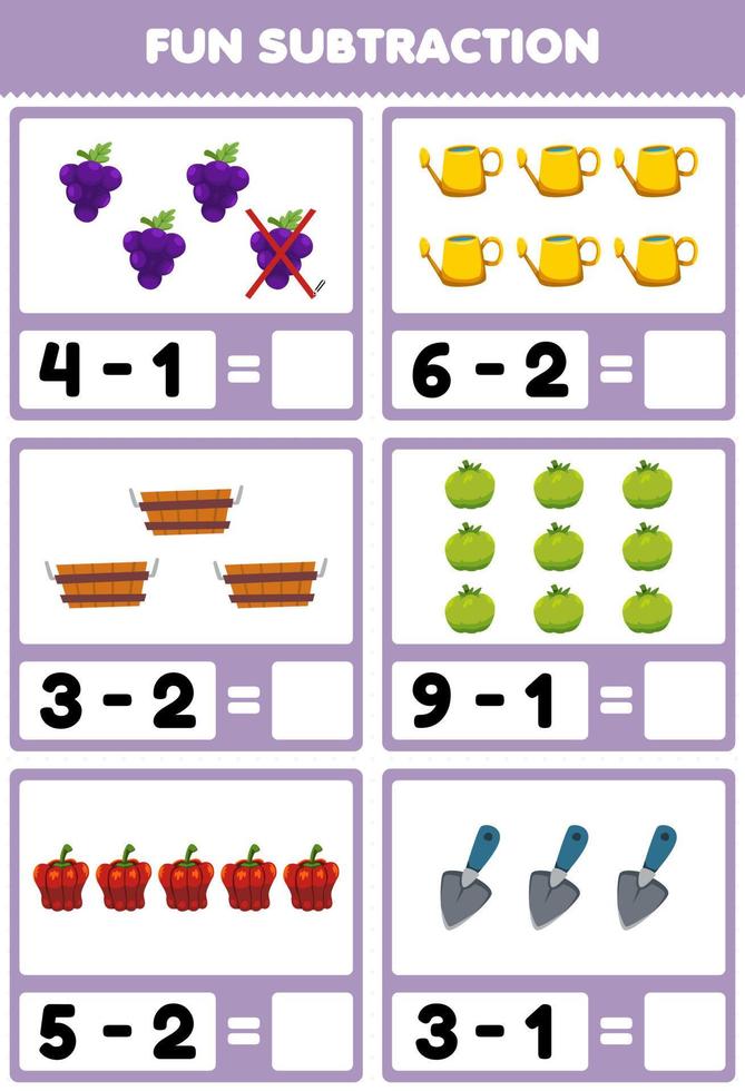 utbildningsspel för barn rolig subtraktion genom att räkna och eliminera tecknade frukter och grönsaker druva tomat paprika arbetsblad vektor