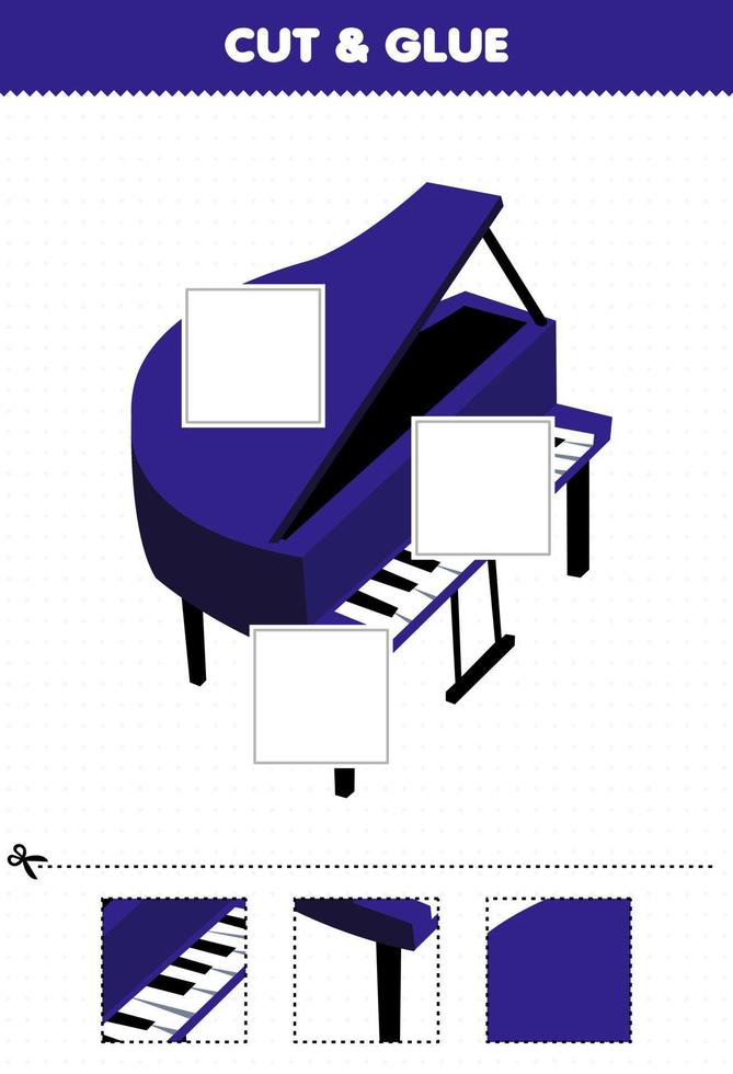 utbildningsspel för barn klippa och limma klippa delar av tecknade musikinstrument piano och limma dem utskrivbart kalkylblad vektor