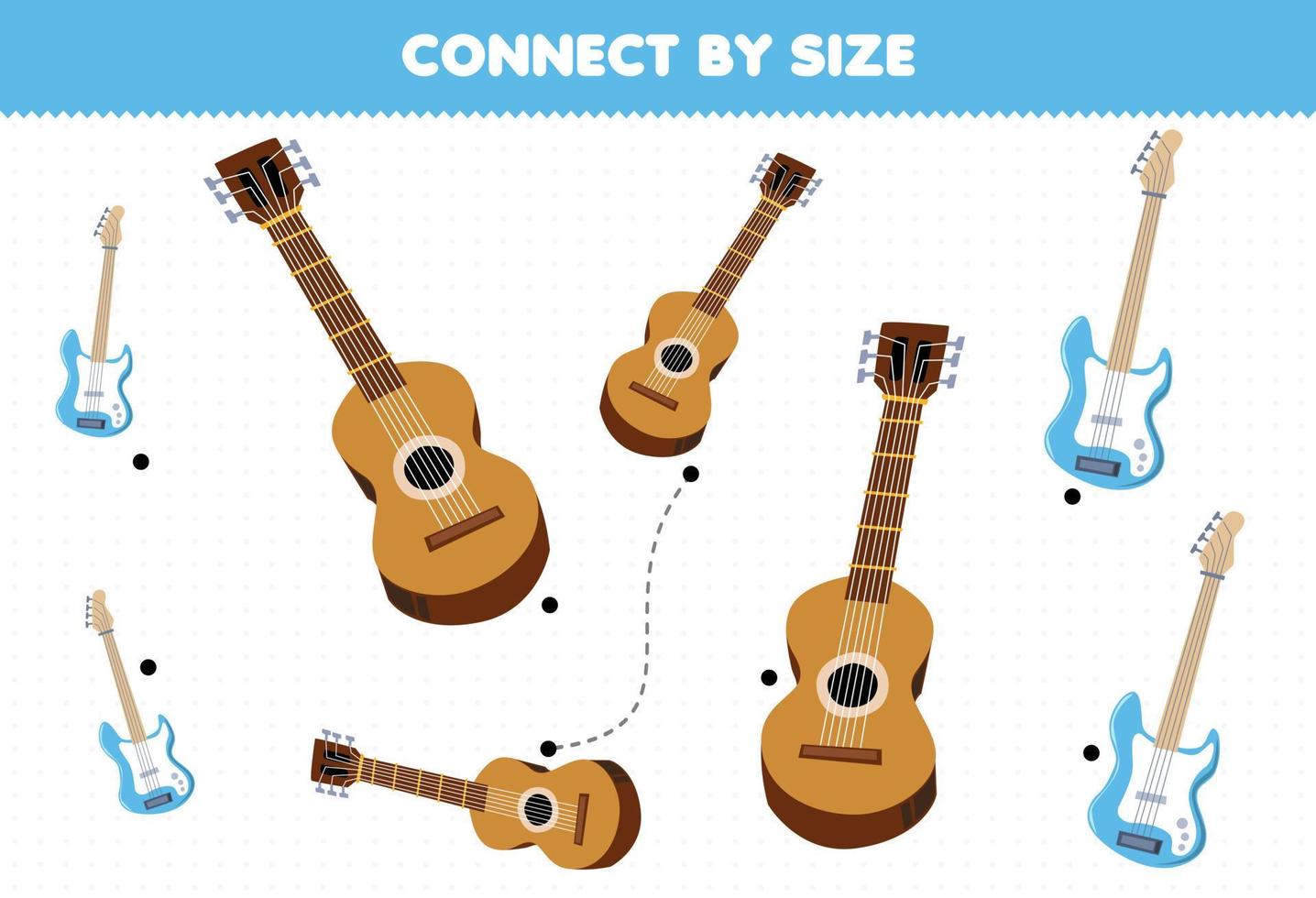 pedagogiskt spel för barn ansluta med storleken på tecknade musikinstrument gitarr och bas utskrivbart kalkylblad vektor