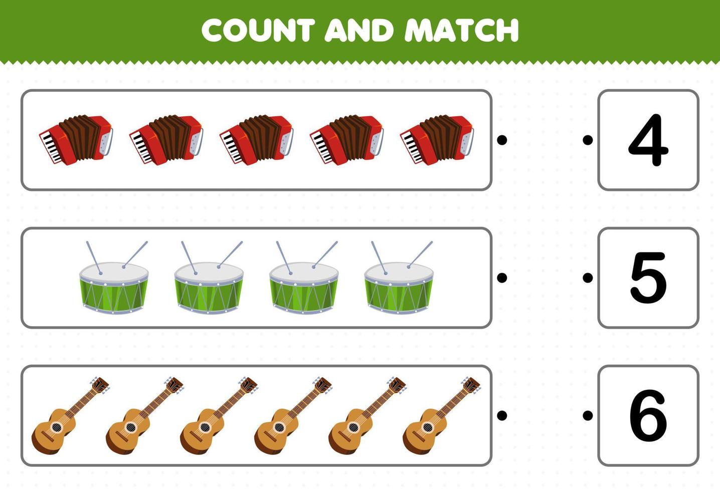 Bildungsspiel für Kinder Zählen und passen Sie die Anzahl der Zeichentrick-Musikinstrumente Akkordeon-Trommelgitarre und passen Sie sie mit den richtigen Zahlen an. Druckbares Arbeitsblatt vektor