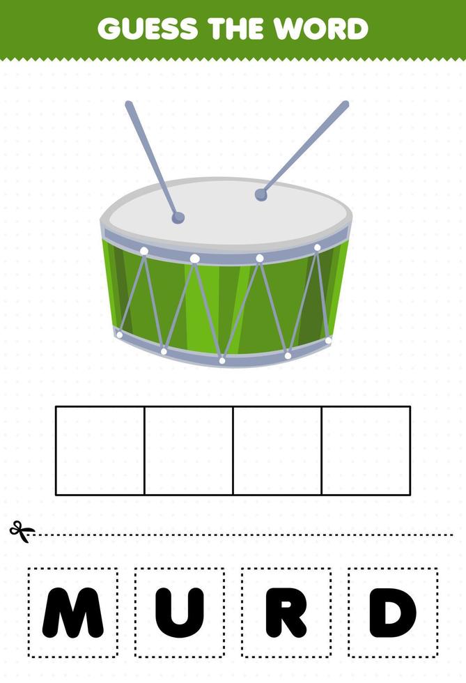 utbildningsspel för barn gissa ordet bokstäver öva tecknad musikinstrument trumma utskrivbart kalkylblad vektor