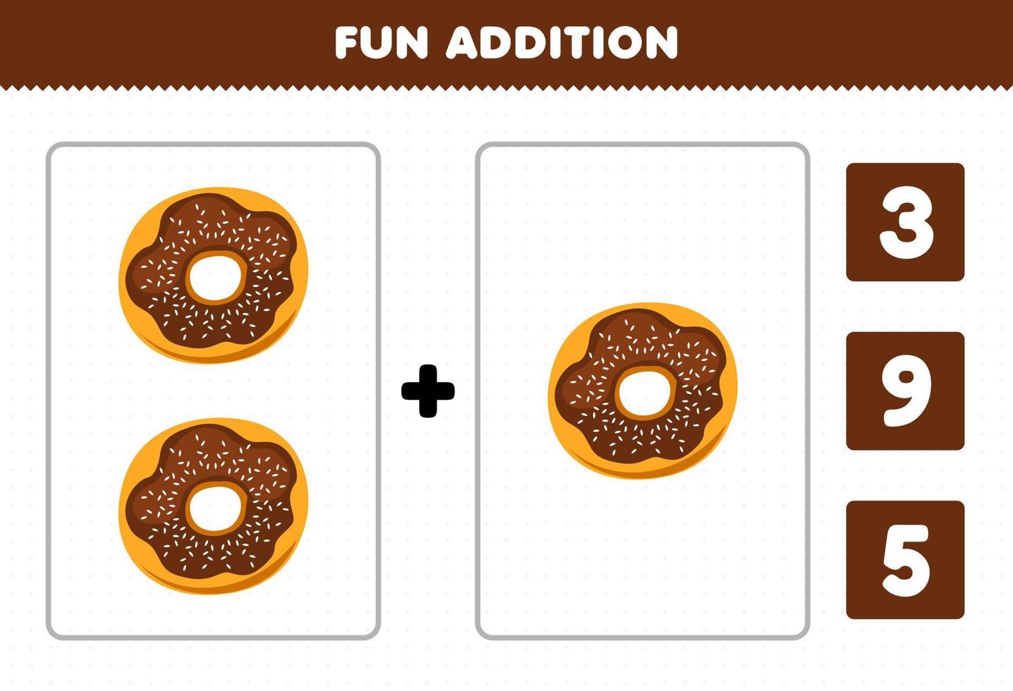 Lernspiel für Kinder Spaß Addition durch Zählen und wählen Sie die richtige Antwort des druckbaren Arbeitsblattes Cartoon Food Donut vektor