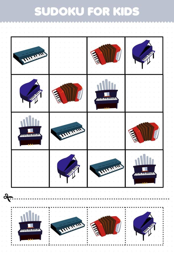 utbildningsspel för barn sudoku för barn med tecknat musikinstrument tangentbord dragspel piano orgel bild utskrivbart kalkylblad vektor