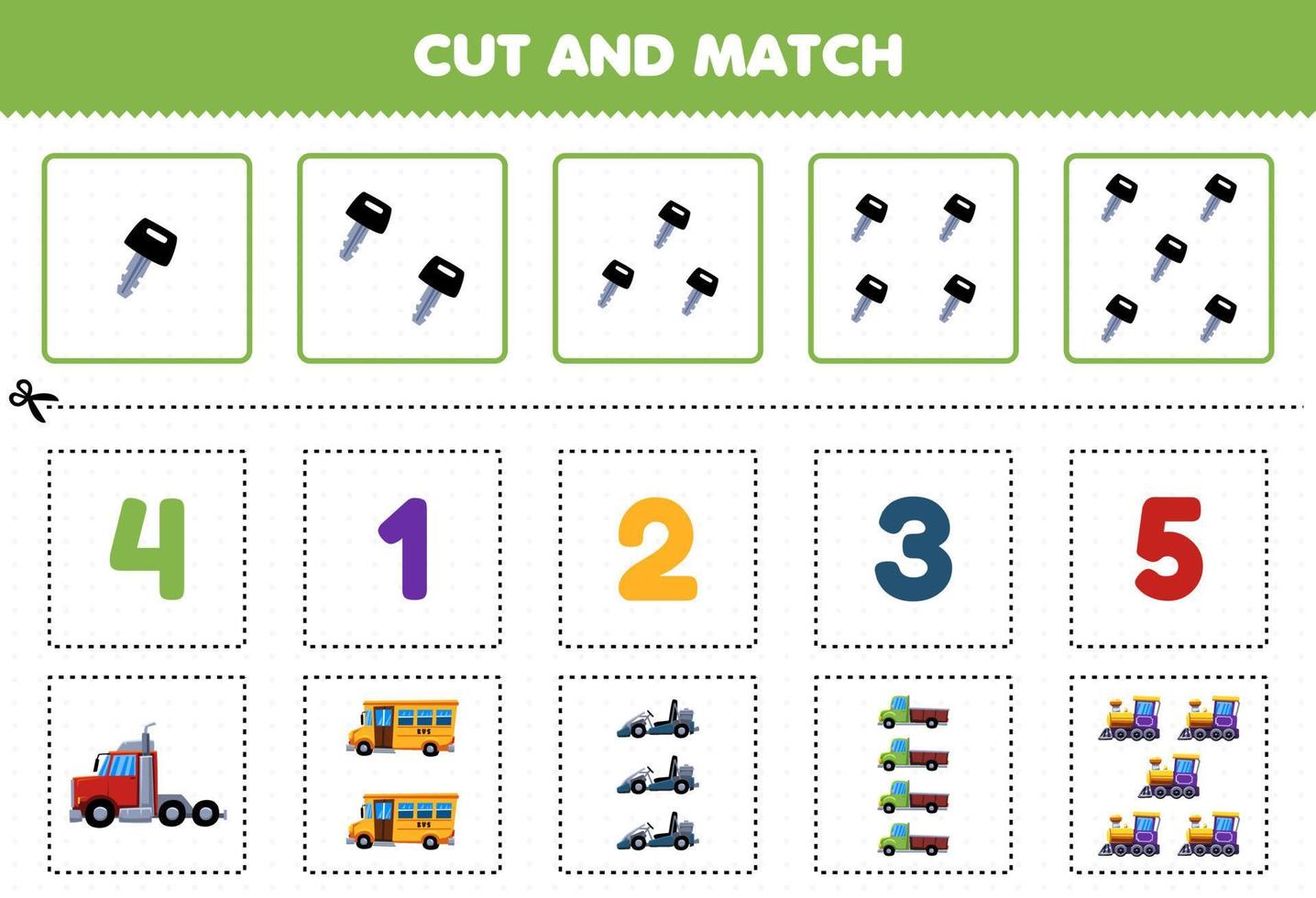 utbildningsspel för barn klipp och matcha samma antal söta tecknade landtransport lastbil buss tåg lok utskrivbart arbetsblad vektor