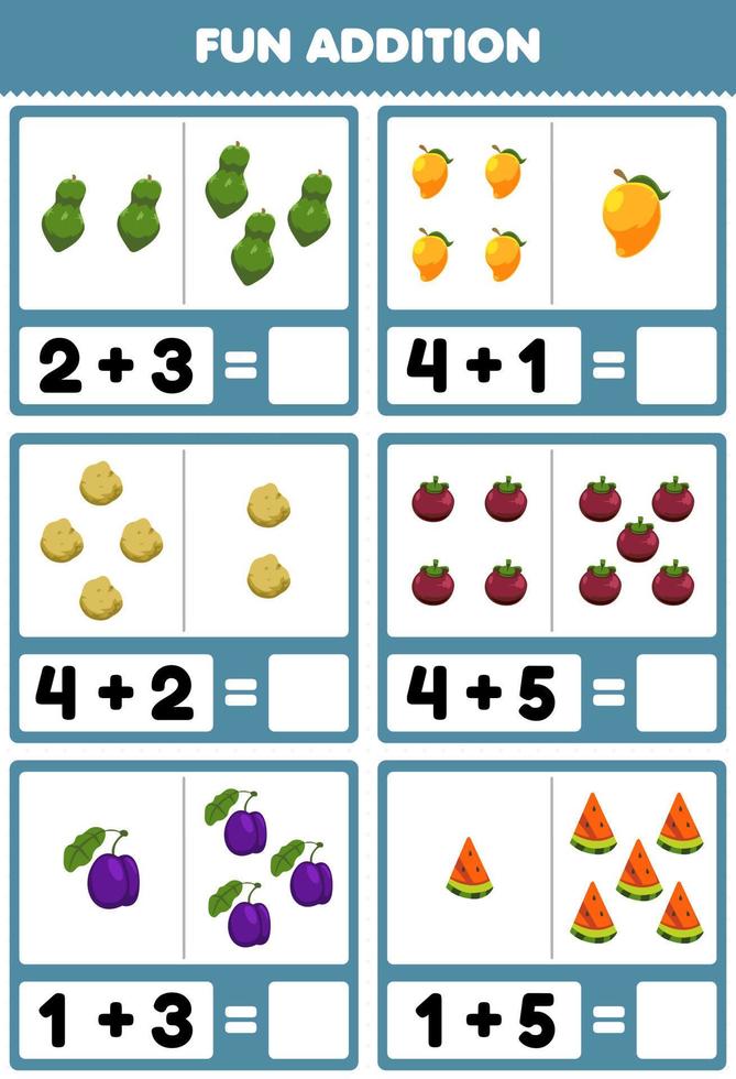 utbildningsspel för barn roligt tillägg genom att räkna och summera tecknad papaya mango potatis mangostan plommon vattenmelon bilder arbetsblad vektor