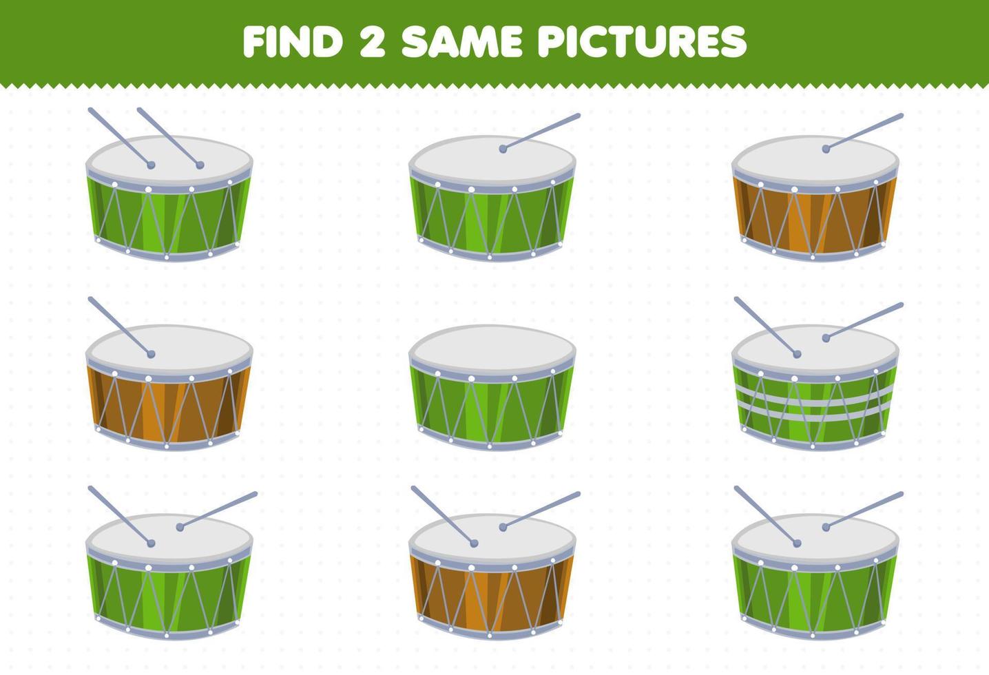 utbildning spel för barn hitta två samma bilder tecknad musikinstrument trumma utskrivbart kalkylblad vektor