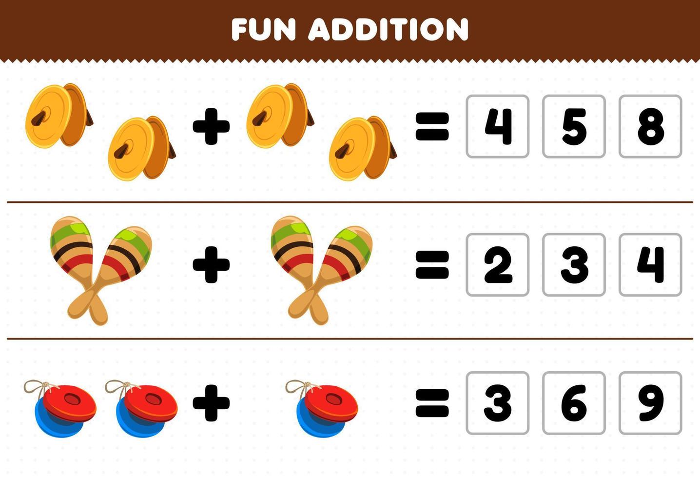 utbildningsspel för barn roligt tillägg genom att gissa rätt antal tecknade musikinstrument cymbaler maracas kastanjett utskrivbart arbetsblad vektor